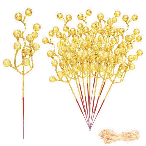 Hiagkmet 24PCS Glitter Artificial Berry Stems Picks 9.4 Inch Christmas Berries Branches Berry Picks Floral Picks Artificial Christmas Tree Picks for DIY Crafts Wedding Holiday Winter Home Decor