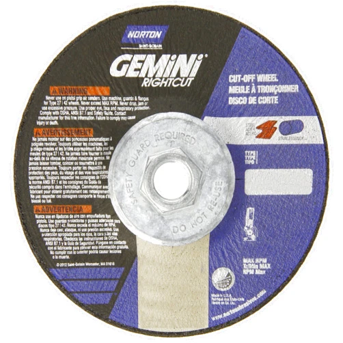 Norton Gemini Right Cut Right Angle Grinder Reinforced Abrasive Flat Cut-Off Wheel, Type 27, Aluminum Oxide, 5/8