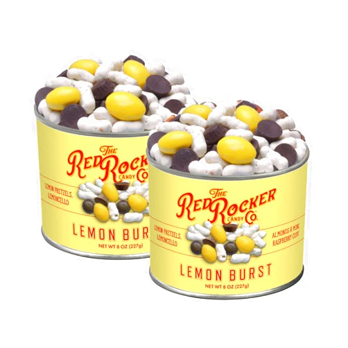 LYZA'S SWEETS & TREATS Red Rocker Candy - Pack of 2 - Lemon Burst - Sweet & Zesty Snack Mix - 8 oz. Resealable Cans