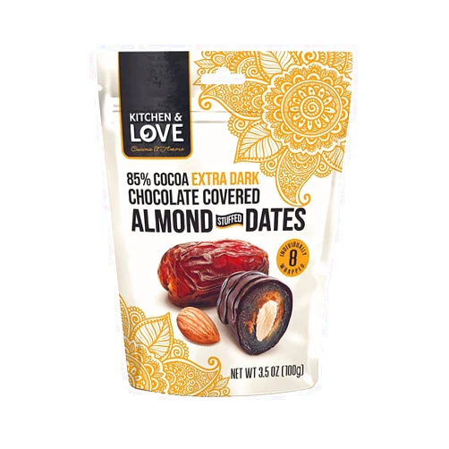 Kitchen & Love Chocolate Covered Almond Stuffed Dates in a Convenient Resealable Pouch, 8 Individually Wrapped Pieces, 85% Extra Dark Chocolate, Healthy Snack, 3.5 oz, Pack of 1