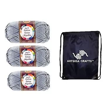 Lion Brand Yarn Lion Brand Knitting Yarn 24/7 Cotton Silver 3-Skein Factory Pack (Same Dye Lot) 761-149 Bundle with 1 Artsiga Crafts Project Bag