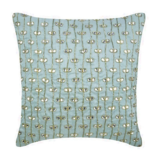The HomeCentric Cushion Covers for Couch, 12x12 Inches Square Decorative Throw Pillow Cover Light Blue Silk Pillow Cover with Zardozi and Crystals Embroidery Easter - Crystal Buttercups