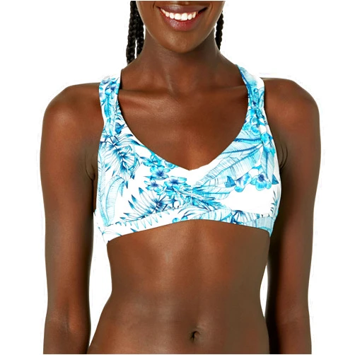 La Blanca Women's Shirred Banded V-Neck Halter Bikini Top, Aquamarine/Tranquility Palm, 6