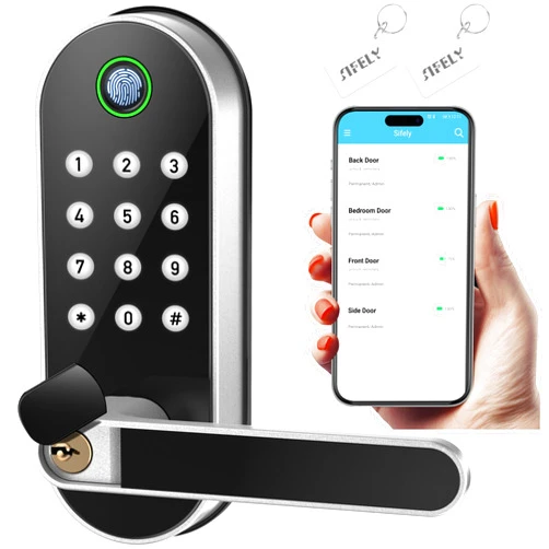 Sifely Keyless-Entry Fingerprint Smart Door Lock: Sifely Digital Electronic Lock with Code Passcode, Electric Door Knob, Biometric Handle, Perfect for Entry Doors, Bedroom Doors (Silver)