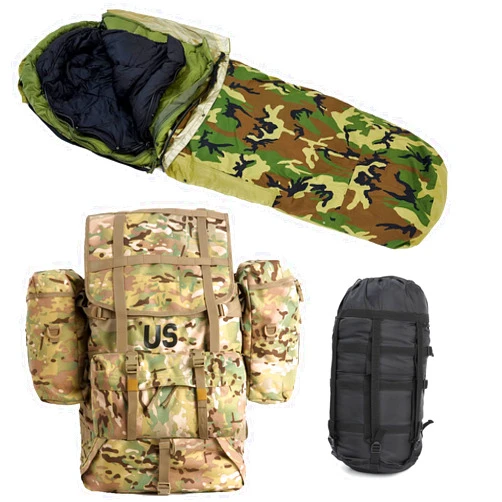 MT Army Military Modular Sleeping Bags System, Multi Layered with Bivy Cover for All Season, Military MOLLE 2 Large Rucksack with Frame