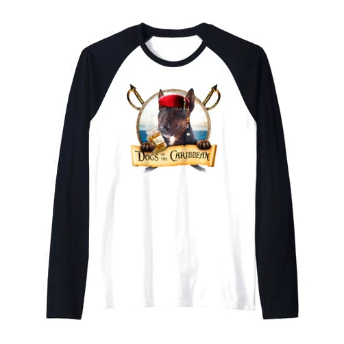Funny Pirate Dog costume for Halloween & Christmas Dogs of the Caribbean - Cute Tromed Bull Terrier Raglan Baseball Tee