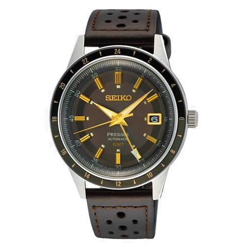 SEIKO Men's Satin Black Dial Brown Grained Leather Band Presage Automatic GMT Analog Watch