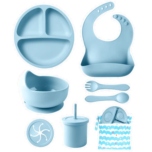 ECLIP Silicone Baby Feeding Set, 10 Pcs Baby Led Weaning Supplies with Suction Bowl Divided Plate Adjustable Bib Soft Spoon Fork Snack Cup with Lid Drinking Cup, Utensil (Blue)