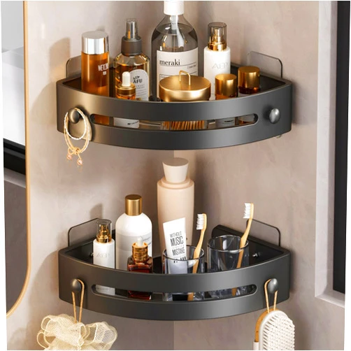DivaDwell Depot Bathroom Corner Shower Rack, Self-Adhesive Wall-Mounted Corner Shower Rack, Bathroom Corner Storage Rack, Corner Rack in Shower Room, for Storing Bathroom Toiletries (Black Second Layer)