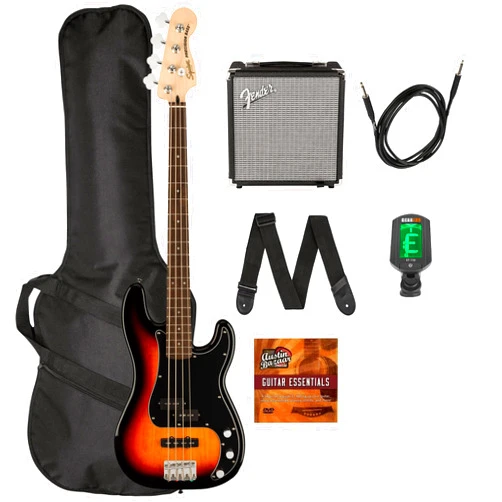 Fender Squier Affinity Precision Bass PJ - 3-Color Sunburst Bundle with Rumble 15 Amplifier, Instrument Cable, Gig Bag, Tuner, Strap, and Austin Bazaar Instructional DVD