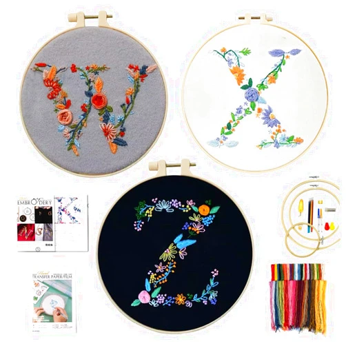 LSTLQHX Embroidery Kit for Beginners with Pattern Video, Personalised Initial Letter A-Z Name Cross Stitch Kit Embroidery Starter Kit for Adults DIY Craft Gift Sets (72 pcs Color Threads)