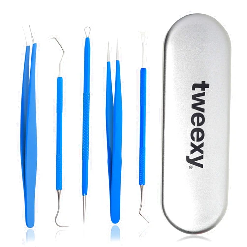 tweexy Craft Vinyl Weeding Tool Kit, 5-Piece Set with Metal Case, Includes Stainless Steel Precision Weeder Picks, Tweezers, and Spatula for Heat Transfer Vinyl, HTV Adhesive Paper Crafting (Blue)