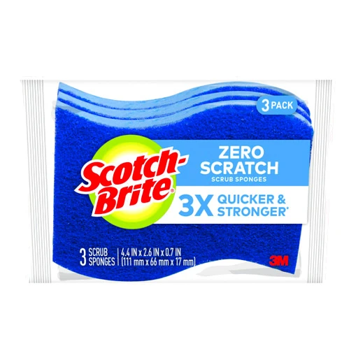 Scotch-Brite Zero Scratch Scrub Sponges, 3 Kitchen Sponges for Washing Dishes and Cleaning the Kitchen and Bath, Non-Scratch Sponge Safe for Non-Stick Cookware