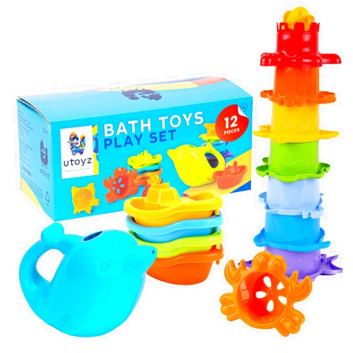 TechnoK uToyz Bath Toys for Toddlers – Toddler Toys with 12pcs Rainbow Stacking Cups, Boats, & Dolphin-shaped Baby Watering Can, Baby Bath Gift & Toddler Toy for One Year Old Girl Gifts, Water Toy for Ages 1+