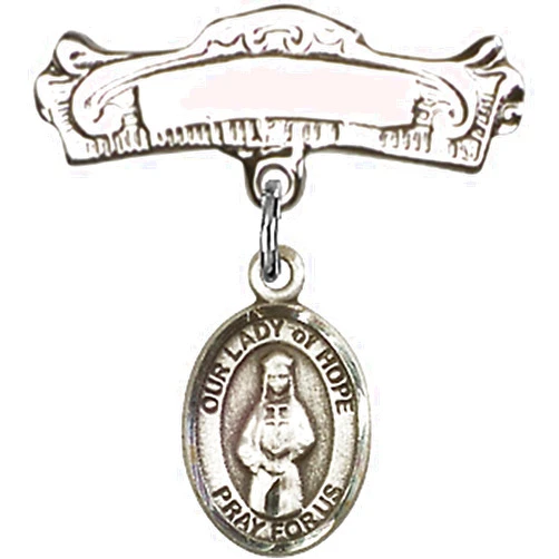 Bonyak Jewelry Saint Medal Collection Sterling Silver Baby Badge with Our Lady of Hope Charm and Arched Polished Badge Pin 7/8 X 7/8 inches