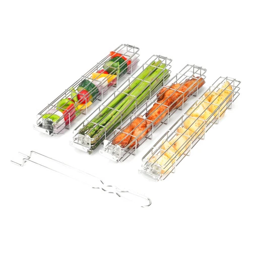 onlyfire Stainless Steel Kabob Grilling Basket Set with Removable Handle for Grilling Veggies, Seafood, Meat and More, Large Capacity Easy Lock Grill Baskets for Outdoor Cooking, Set of 4