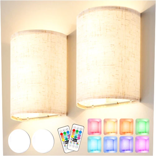 OCATO Wall Sconces Set of Two Battery Operated: Magnetic Wall Lamp Rechargeable Wall Lights 16 RGB Colors Dimmable with Fabric Linen Shade Remote Control Wall Decor for Bedroom Living Room Hallway