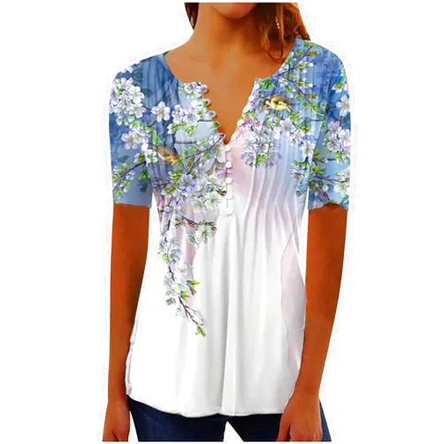 LRMQS Short Sleeve Summer Tops for Women 2024 Vacation Trendy Loose Fit Boho V Neck Tunic Blouse Casual Floral Shirt Clothing