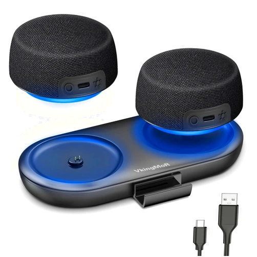 VkingMoR Dual Bluetooth Speaker Set with Magnetic Base & Phone Stand - TWS Stereo Sound, 10H Playtime, RGB Music Sync Lights - Bluetooth 5.4 Wireless Speaker for Home Theater, Outdoor,TV Watching, Multi Room