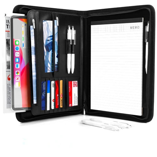 Gwybkq Padfolio Organizer Zippered Portfolio, Leather Binder with Notepad and Gel Pens, Men Women Business Folder for Resume, Document, Pad, Phone and Cards (Black)