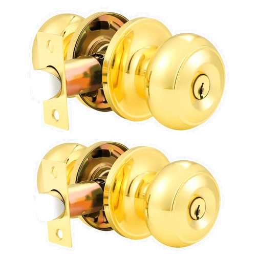 Probrico Entrance Door Knobs Door Lock Keyed Alike Lockset Polished Brass Same Key Round Ball Entry Door Knobs Pack of 2