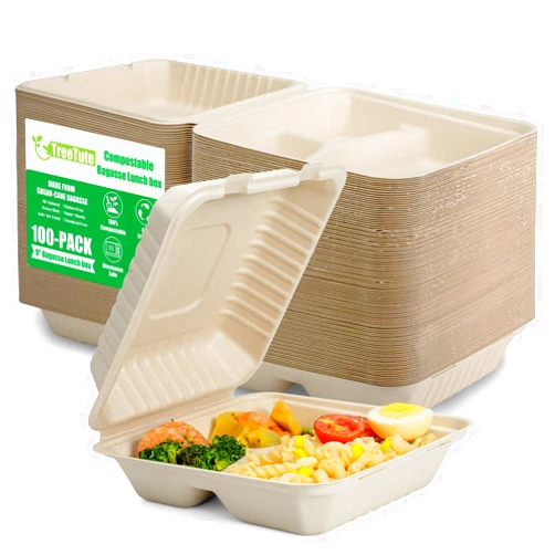 TreeTute [100-Pack 9x9 Inch 3-Compartment Clamshell Take Out Food Containers, 100% Compostable Disposable To Go Containers,Heavy Duty,Eco-Friendly Biodegradable Takeout Box,Microwave & Freezer Safe