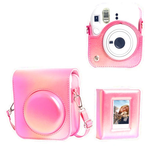 WOGOZAN Mini 12 Protective Case for Fujifilm Instax Mini 12 Instant Case, Mini 12 PU Leather Camera Case with 64 Pocket Mini Photo Album, Metal Chain Shoulder Strap (No Camera) - Pearl Pink