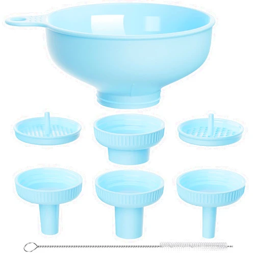 Pisol Wide Mouth Versatile Funnel, Canning Funnels for Kitchen Use, Food Grade Plastic Cooking Funnel Set with 4 Size Spouts and 2 Strainers for Filling Different Bottles and Bags, Blue