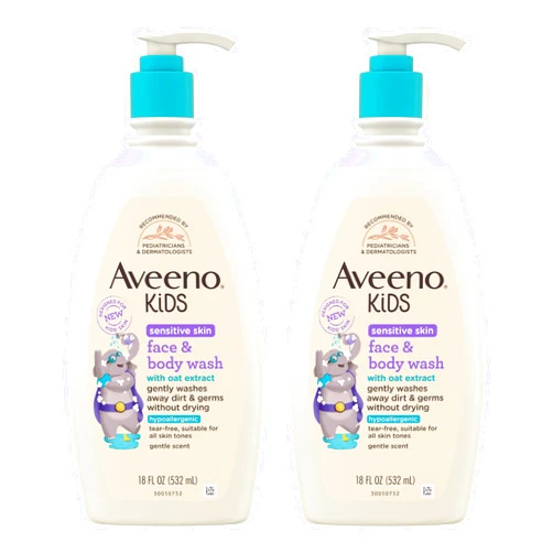Aveeno Baby Aveeno Kids Sensitive Skin Face and Body Wash with Oat Extract, Gently Washes Away Dirt and Germs Without Drying, Tear-Free, Hypoallergenic Kids Body Wash, 18 fl. oz, 2 Pack