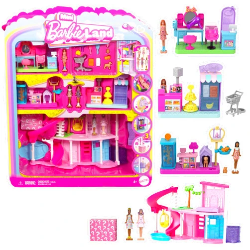 Barbie Mini Land DreamHouse & 3 Playsets with 4 1.5-Inch Dolls, Doll House Furniture & Accessories, Includes Pet Boutique, Hair Salon, & Supermarket
