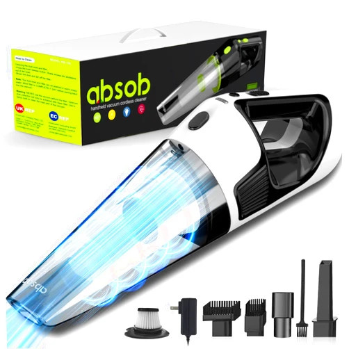 Absob Cordless Handheld Vacuum Portable 10KPa - Lightweight Strong Suction Power Small Hand Car Vacuum Auto Vac Cleaner LED Light, 2 Packs HEPA Filters, Wall Charger, Clean for Home/Car/Pet Hair