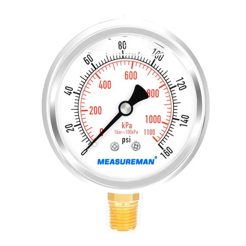 MEASUREMAN 2-1/2inch Dial Size, Oil Filled Pressure Gauge, 0-160psi/kpa, 304 Stainless Steel Case, 1/4inchNPT Lower Mount