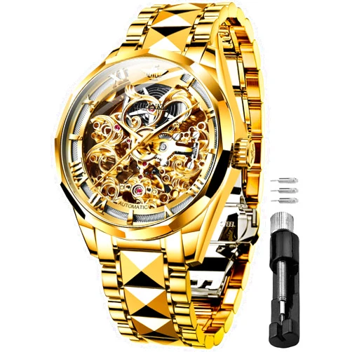 OLEVS OUPINKE Men's Skeleton Mechanical Watches Luxury Dress Automatic Self Winding Sapphire Crystal Waterproof Tungsten Steel Band Wrist Watches