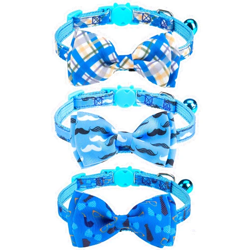 VKPETFR Breakaway Cat Collar with Removable Bow Tie and Bell, Cute Multi-Style Patterns, 3 Pack Safety Buckle Kitten Collars, Adjustable Pet Collar for Boy Cats Puppy