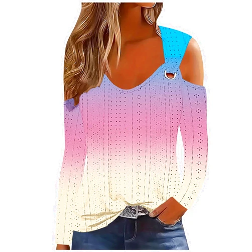 Pnroktd Off The Shoulder Tops for Women Fashion Eyelet 2024 Fall Long Sleeve Blouse Ladies Sexy Metal Buckle Gradient T-Shirt