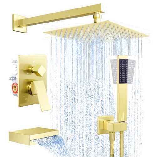 KES Brushed Gold Shower System with Tub Spout, Pressure Balanced Bath Tub Shower Faucet Set Complete with Valve, Shower System with Rain Shower Head with Handheld, XB6305F18-BZ