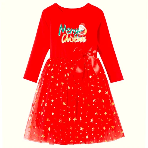 Csbks Toddler Girls Christmas Tutu Dress Multi-Layers Tulle Long Sleeve Princess Dress
