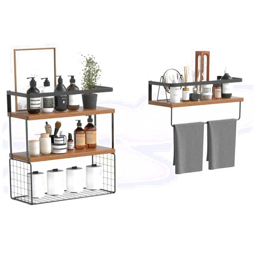 Solatmos Floating Shelves for Wall with Light,Hanging Shelves Over Toilet with Metal Guardrail, Rustic Wood Wall Shelf for Bathroom Decor,Bedroom,Living Room,Kitchen (Brown)
