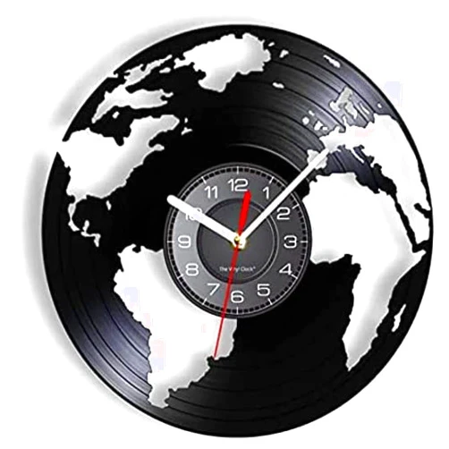 LKCLOCK Wall Clock Silent Non-Ticking 12In Globe Earth World Vinyl Record Wall Clock Living Green Homeland Terre Map Geography Art Home Decor Disk Crafts Silent Clock