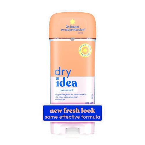 Dry Idea Gel Deodorant & Antiperspirant | 2X Longer Sweat Protection | 72-Hour Odor Protection | Unscented & Hypoallergenic for Sensitive Skin, 3 oz.