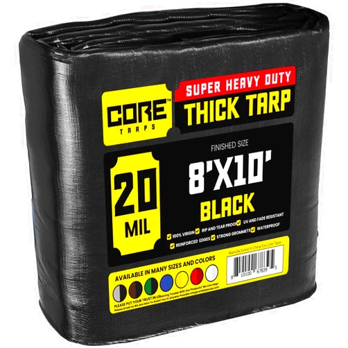 Core Tarps Extreme Heavy Duty 20 Mil Tarp Cover, Waterproof, UV Resistant, Rip and Tear Proof, Poly Tarpaulin with Reinforced Edges for Roof, Camping, Patio, Pool, Boat (Black 8′ X 10′)
