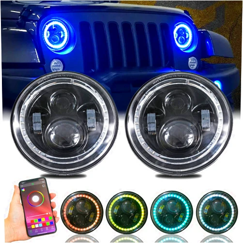 DEAL AUTO ELECTRIC PARTS 2x 7 60W Bluetooth Controlled Round RGB Halo Ring Headlights Compatible With For Any Models With 6012/6014 / 6015 / H6017 / H6024 Round Sealed Beam Headlights
