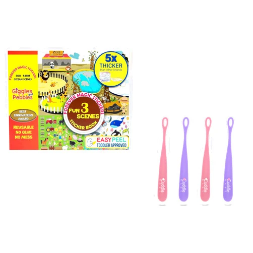 Giggles and Pebbles Magic Sticker Pad Book and Cuddle Baby Gum Friendly Silicone Spoon 4-Pack (Bundle)