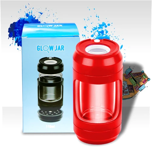Wen Qiao LED Magnifying Jar with Grinder for Herbs, Light up Storage Jar with 8x Magnifying Glass Jar Glow Jar Portable, Storage and Grinding in One Keep Herbs Spice Dry and Fresh (RED)