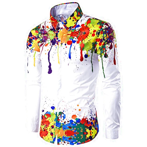 CNSTORE Men's T-Shirt Colorful Splatter Paint Pattern Turndown Collar Casual Long Sleeve Shirt