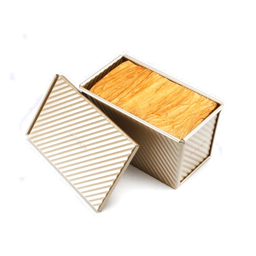 monfish Pullman Loaf Pan w Cover Bread Toast Mold corrugated loaf Pan w lid 1lb dough Alluminumed Steel Non Stick Gold (8.5X4.75X4.375INCH)
