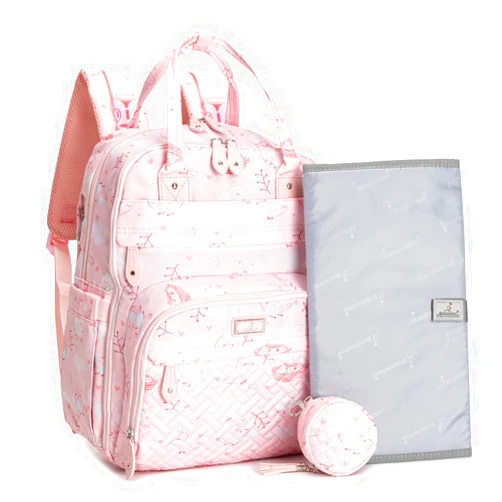 BabbleRoo Diaper Bag Backpack - Baby Essentials, Travel Essentials Baby Bag with Changing Pad, Stroller Straps & Pacifier Case - Unisex, Pink Birdy