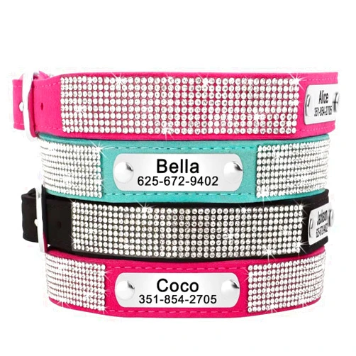 KINYABLUE Personalized Dog Collars, Soft Velvet Fall Dog Collar, Custom Bling Rhinestone Dog Collar with Name Plate, Cute Boy Dog Collars for Medium Dogs Male, Blue, M(12-14