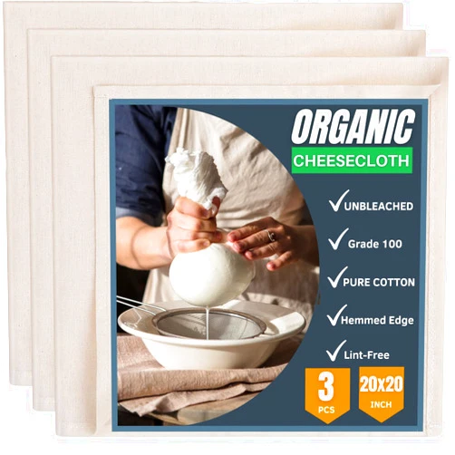 KITCHENEES 3 PCS Reusable Cheese Cloths for straining - Grade 100, 20x20 inch Hemmed, Unbleached,100% Cotton, Ultra Fine Reusable Muslin Cheesecloth for Straining, Cooking, Baking- tela para queso