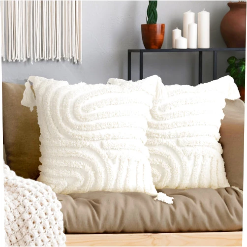 AELS Boho Decorative Textured Throw Pillow Covers with Tassels 18x18, Set of 2, Modern Abstract Mid Century Rainbow Tufted Pillow Case, Farmhouse Rustic Woven Cushion Case for Bed Couch Sofa, White